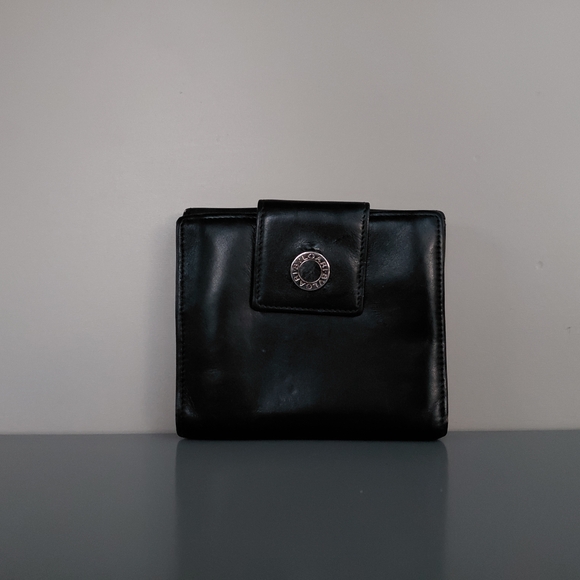 BVLGARI Black Leather Wallet with Silver Accent